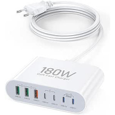 USB C lādētājs 180 W, GaN 7-Port PD3.0 + QC3.0 USB C barošanas avota ātrā lādētāja adapteris USB vairāku lādētāju MacBook Pro Air iPhone 15 14 13 12 11 Pro Max, Samsung Galaxy S23 Note20