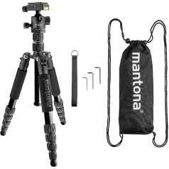 mantona Light Traveller Travel Tripod, Sturdy Aluminium, Lightweight Camera Tripod, Ball Head and Release Plate (Arca Swiss Compatible), 360° Panorama, Photo Tripod and Monopod, Black