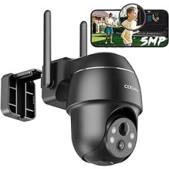 COOAU 5MP āra novērošanas kamera, akumulators, bezvadu WLAN IP kamera ārpus telpām ar inteliģentu PIR personas noteikšanu, nakts redzamība krāsās, audio un gaismas signalizācija, H.265 video kompresija, melns