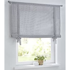 Cottage Checked Roman Blind with Drawstring for Curtain Poles, Country House Curtain Kitchen Checked White/Grey, Tie Curtain, Roll Curtain, Width 80 cm x Height 100 cm