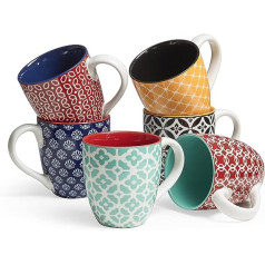 DOWAN Coffee Cups Set, 6 x 560 ml Coffee Mugs, Porcelain, Large Cups in Chinese Traditional Pattern Style for Coffee, Milk, Tea & Cocoa, Coffee Mug, Multicoloured