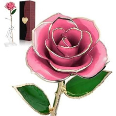 24K Gold Plated Rose for Her, Real Rose Petals with Stand and Box, Artificial Flower Gift for Wife, Girlfriend, Mum, Valentine's Day, Thanksgiving Day, Birthday (Pink)