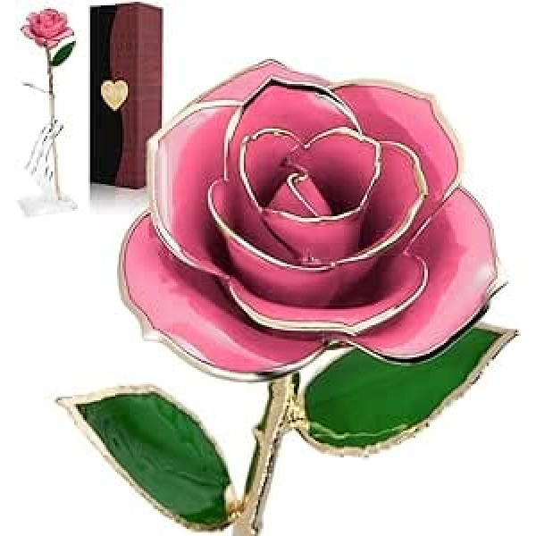 24K apzeltīta roze viņai, īstas rožu ziedlapiņas ar statīvu un kastīti, mākslīgo ziedu dāvana sievai, draudzenei, mammai, Valentīna diena, Pateicības diena, dzimšanas diena (rozā)