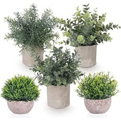 ilauke 5 pieces artificial plants, small artificial plant, real eucalyptus, rosemary, babysbreath small with pots, table decoration, home, balcony, office decoration