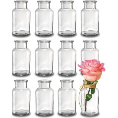 12 Small Glass Vases - 12.5 cm High - Includes Jute String - Vintage Design - Gorgeous Decoration for Wedding - Dishwasher Safe