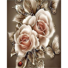 YEESAM ART DIY Oil Painting by Numbers Adults Children, Golden Rose Flowers Butterfly Ladybird Number Painting from 5 Oil Wall Art (Rose, with Frame)