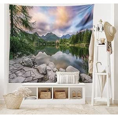 ABAKUHAUS Nature Tapestry and Bedspread, Lake Through Forest Mountain Made of Soft Microfibre Fabric, Washable without Fade, Digital Print, 230 x 140 cm, Green Grey