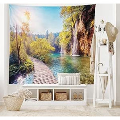 ABAKUHAUS Nature Tapestry Idyllic Waterfall Lake Living Room Bedroom Home Silky Satin Tapestry, 150x100cm, Blue and Green