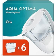 Aqua Optima Oria ūdens filtra krūze un 6 x 30 dienu Evolve+ ūdens filtra kasetne, 2,8 litru ietilpība, lai samazinātu mikroplastmasas, hlora, kaļķakmens un netīrumus, balts
