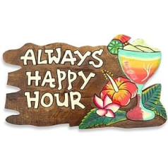 Always Happy Hour Sign, Colorful Rustic Wooden Sign with Carved Always Happy Hour Flowers Cocktail Glass Art for Bar