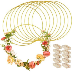 10 pieces 30 cm gold metal ring centerpieces, round macrame rings wire rings metal ring for crafts with 10 pieces wooden card holders floral hoops for wedding wreath decor and DIY macrame crafts