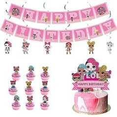 46gab LOL pārsteiguma lelles dzimšanas dienas svinību piederumi Xinbohui dzimšanas dienas pārsteiguma dekorācijas meitenēm Daudz laimes dzimšanas dienā reklāmkarogs Pārsteiguma lelles kūkas pildījums bērniem tematiskā ballīte