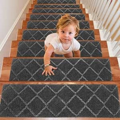 AISEY uzlaboti kāpņu paklāji paklāji, neslīdoši iekštelpu kāpņu skrējēji pagrabam Koka pakāpieniem kāpņu paklāji paklāji bērniem un gados vecākiem cilvēkiem, 76 cm x 20 cm, 13 gab., pelēks