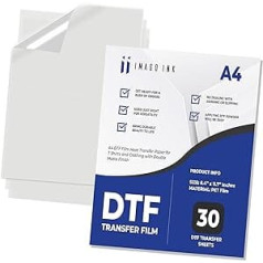 Imago Ink DTF Transferfolie - 30 Blatt - 8,4 x 11,7 Zoll - A4 DTF Film Wärmetransferpapier für T-Shirts und Kleidung mit doppeltem mattem Finish - Antistatisch Direkt auf Film Transferpapier