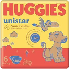 Huggies Unistar autiņbiksītes 6. izmērs (15-30 kg) (105 gab. iepakojumā)