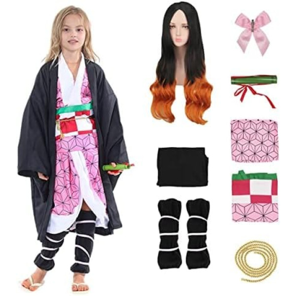 Enhenenhen Kamado Nezuko Tanjiro kostīms ar parūku Anime Demon Cosplay kostīms Nezuko Kimono Halovīni Tanjirou Cosplay tērpi bērniem un pieaugušajiem