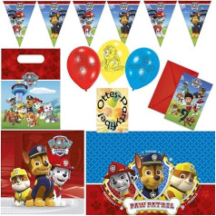 Paw Patrol, gatavs darbībai, dekoru komplekts 53tlg. Salvetes 12 bērniem 2 galdauti, maisiņi, ielūgumi, baloni