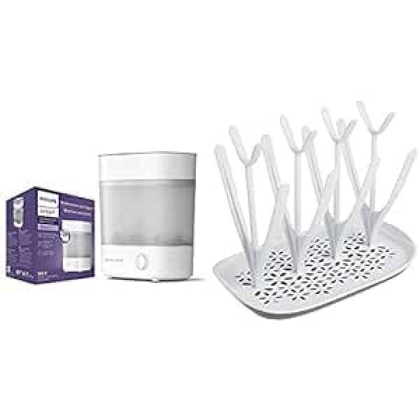 Philips Avent SCF291/00 sterilizators līdz 6 zīdaiņu pudelītēm, knupīšiem un piederumiem, bērnu iztvaicētājs ar modulāru dizainu, balts un SCF149/00 žāvēšanas statīvs, balts/zils