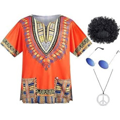 4 Piece Hippie Costume for Men 60s 70s T-Shirt Afro Wig Accessory Set for Party Cosplay