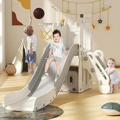 XJD bērnu slidkalniņš ar basketbola grozu, brīvi stāvošs slidkalniņš 1–3 gadiem, iekštelpu un āra slidkalniņš ar izvadi, dārza slidkalniņš (balts pelēks)