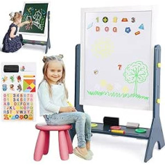 2-in-1 Children's Wooden Art Easel Double-Sided Adjustable Standing Heasel Large Writing and Drawing Whiteboard and Board with Magnetic Accessories for Boys Girls Children