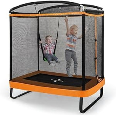 COSTWAY 2-in-1 Children's Trampoline with Swing, Garden Trampoline Rectangular with Safety Net and Edge Cover, Indoor/Outdoor Trampoline for Children up to 100 kg Load Capacity