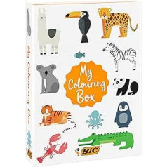 BIC Kids My Coloring Box pildspalvu komplekts: 36 uzlīmes, 18 krāsojamie zīmuļi, 12 filca pildspalvas, 1 krāsojamā grāmata un 6 mirdzošas līmes