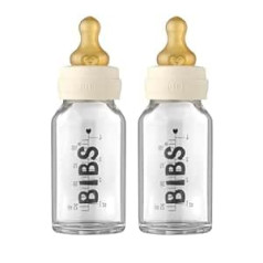 BIBS Baby Glass Bottle 110 ml, Pack of 2, Reduces Colic, Round Teat Made of Natural Rubber Latex, Supports Breastfeeding, 110 ml, Ivory