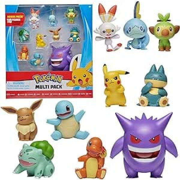 PoKéMoN Pokemon figūriņu komplekts 10 paka — 5–10 cm — Gengar, Pikachu, Charmander, Squirtle, Bulbasaur, Eevee, Sobble, Grookey, Scorbunny un Munchlax — jaunākā 2022. gada — oficiālā rotaļlieta