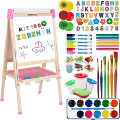 Art Easel for Children with 100+ Accessories - Double-Sided Wooden Board for Children with Magnetic Chalkboard, Wipe Clean Whiteboard & Paper Roll, Children's Board with Chalk and Magnet 2-4 4-8 9-12