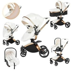 3-in-1 Combination Pushchair Standard Pram Travel Systems Pushchair Buggy Newborn Portable Travel Pram Pushchair Foldable High Landscape Pushchair (906 White)