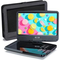 SUNPIN portatīvais DVD atskaņotājs ar 10,5 collu HD grozāmu ekrānu, stereo skaļruni un divu austiņu ligzdu, atbalsta sinhronizācijas televizoru/USB/SD karti, automašīnas galvas balsta stiprinājumu, melns