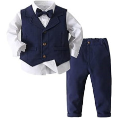 Oyolan Boys' gentleman tuxedo suit shirt + trousers + vest + bow tie sets long sleeve 4-piece baby clothes for festive christening wedding
