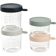 BÉABA, Set of 4 Extra Resistant Baby Food Storage/Glass, Made in France, 100% Airtight, Thermal Shock Resistant, Freezer, Sterilization, Graduation, 2 x 150 ml - 2 x 250 ml Eucalyptus