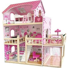 4iQ Group Wooden Doll's House 90 x 30 x 82 cm - Dollhouse from 3 Years Girls - Dollhouse Large XXL with 3 Levels and Balcony - Dollhouse with Furniture and Accessories