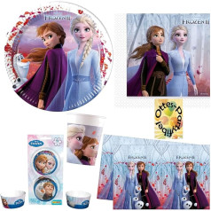 HHO Frozen Frozen ballīšu komplekts 103 gabali 16 viesiem 16 šķīvji 16 tases 20 salvetes 1 galdauts 50 mafinu futrāļi