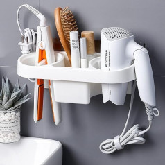 Wall Mounted Hair Dryer Holder, Self-Adhesive No Drilling Multifunctional Space Saving Storage for Bathroom with Buckle, Hair Dryer/Toothbrush/Cosmetic/Curling Iron (White)