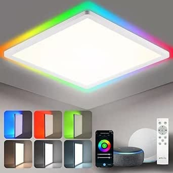 Artbrite Smart LED griestu gaisma, Alexa WiFi LED griestu gaisma, 18 W, 1600 lm, 2700 K - 6500 K, RGB, regulējams, saderīgs ar Alexa, Google Home, IP44 ūdensizturīgs LED griestu apgaismojums vannas istabai, balkonam, gaitenī, virtuvei, viesistabai