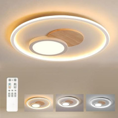 Fitzmia LED Ceiling Light, Ceiling Light with Wood, Dimmable with Remote Control, Modern Round Wooden Ceiling Light for Bedroom, Children's Room, Living Room, Kitchen