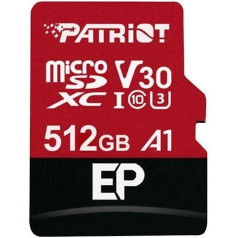 Atmiņas karte ar adapteri patriot memory ep pro pef512gep31mcx (512gb; klase 10, klase a1, klase u3, v30; adapteris, atmiņas karte)