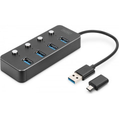 Digitus hub usb 3.0/hub 4-port usb a + usb-c adapteris 5gbps ar slēdžiem alumīnija pasīvs da-70247