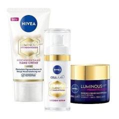 NIVEA Cellular LUMINOUS 630® dienas, nakts un roku komplekts, pret pigmenta traipu kopšanas komplekts, ietver pretnovecošanās serumu, nakts kopšanas līdzekli un roku krēmu