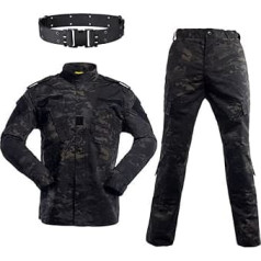 JOYASUS Airsoft peintbola taktiskie kostīmi vīriešu medību kaujas BDU formas jaka Camo krekls un bikses ar jostu medību kara spēles šaušanai, melns