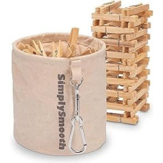 SimplySmooth XL Clothes Peg Bag Including 50 Wooden Clothes Pegs - 100% Cotton Peg Bag with Extra Large Carabiners for Hanging - Clothes Peg Basket with Closure