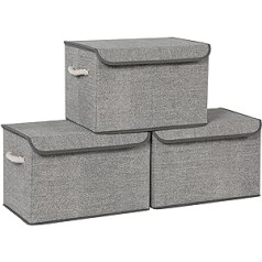 SONGMICS RFB013G02 Storage Boxes, Set of 3, Fabric Boxes with Lids, Cotton Handles, Linen Look, Grey