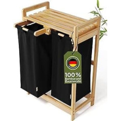 AMBIAVO® Laundry Basket 2 Compartments [Black, 100% Cotton, Bamboo, 60 L Volume] | Laundry Hamper for Dirty Laundry | Laundry Sorting System | Laundry Sorter Wood | Laundry Box | Laundry Baskets