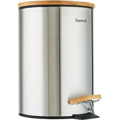 Bamodi 3L Stainless Steel Rubbish Bin with Lid - Pedal Bin for Waste Separation - Kitchen Waste Bin with Lid and Pedal - Odour-Proof - Hygienic Waste Bin, Silver with Bamboo Lid