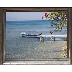 Plage Self Sticker Trompe L'Oeil Adhesive (Polystick) -Window on The Beach (60x75 cm), Vinyl, Colorful, 75 x 0.1 x 60 cm