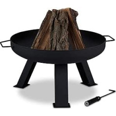 Relaxdays Fire Bowl diametrs 60 cm, komplektā pokers, dārza un iekšpagalma ugunskura bedre, apaļa, tērauda ugunskura grozs, melns, 35 x 73 x 60 cm