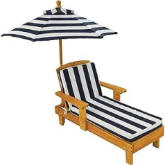 KidKraft Outdoor Liegestuhl mit Sonnenschirm für Kinder, Sonnenliege mit Kissen Weiß Marineblau gestreift, Gartenmöbel aus Holz für Kinder, 00105